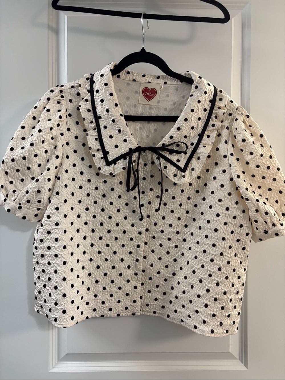 Auden White Eyelet Blouse with Black Polka Dots and Black Trim